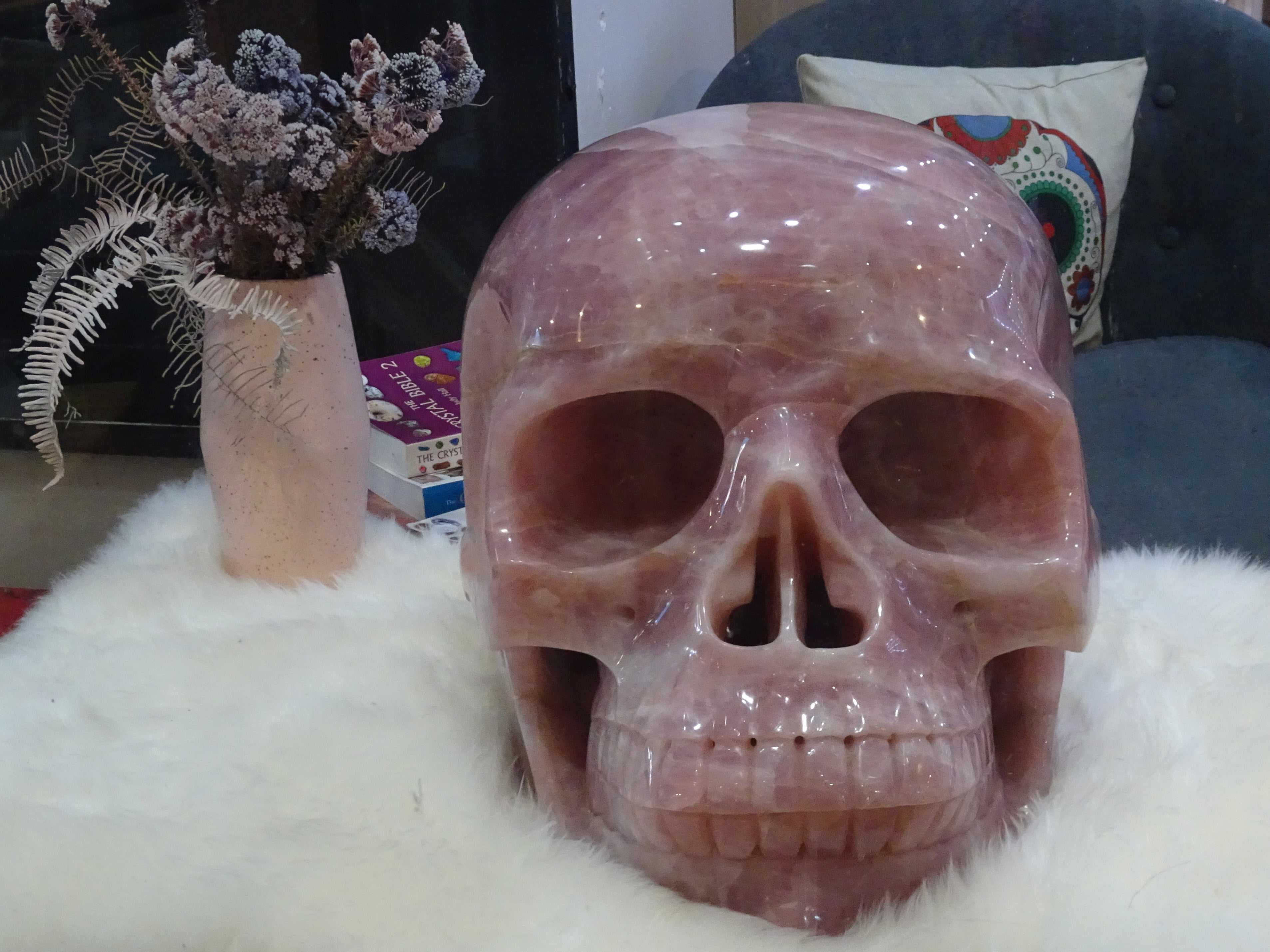 Enormous carved Madagascan rose quartz crystal skull