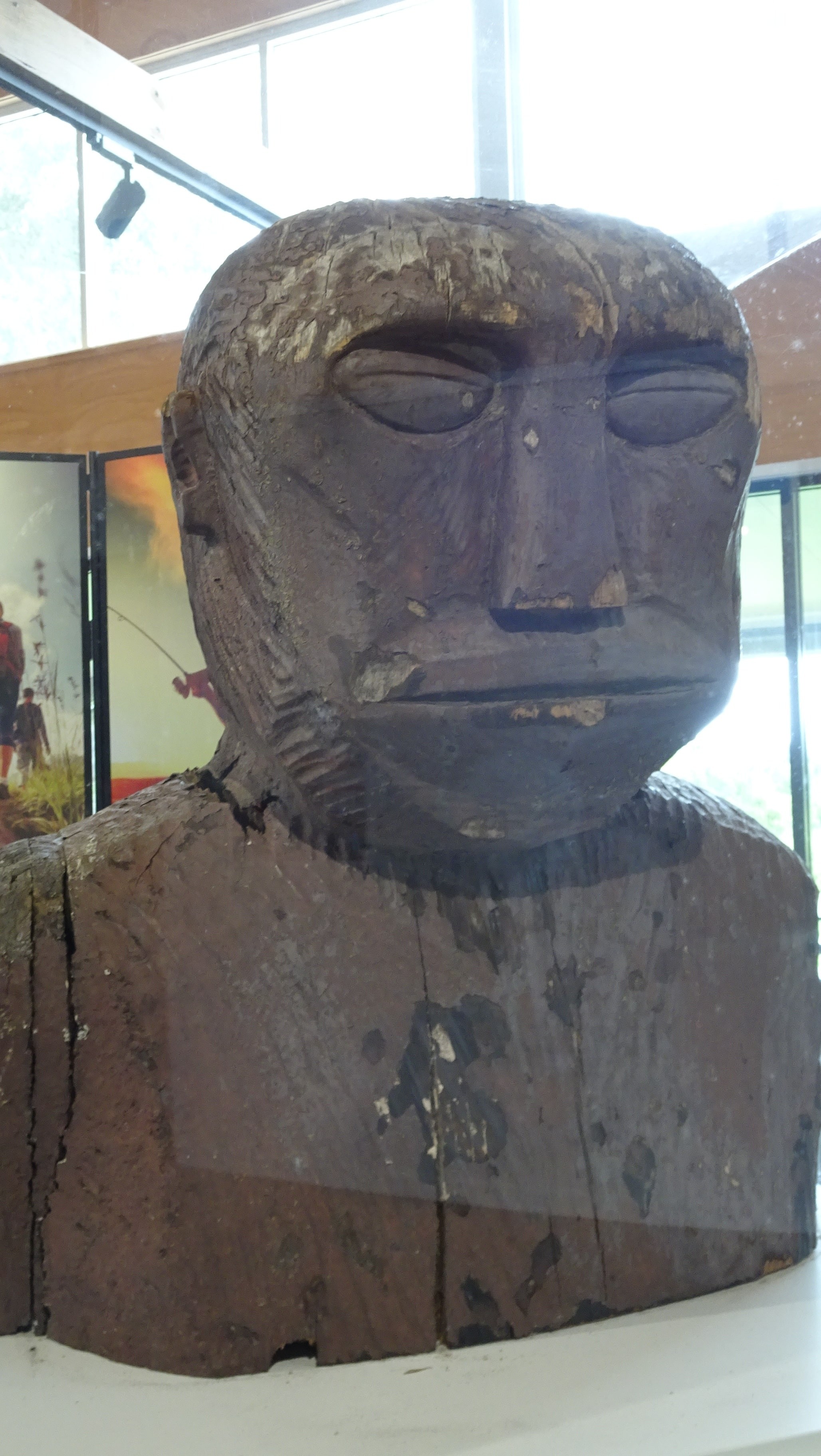 Head of original yowie statue behind glass