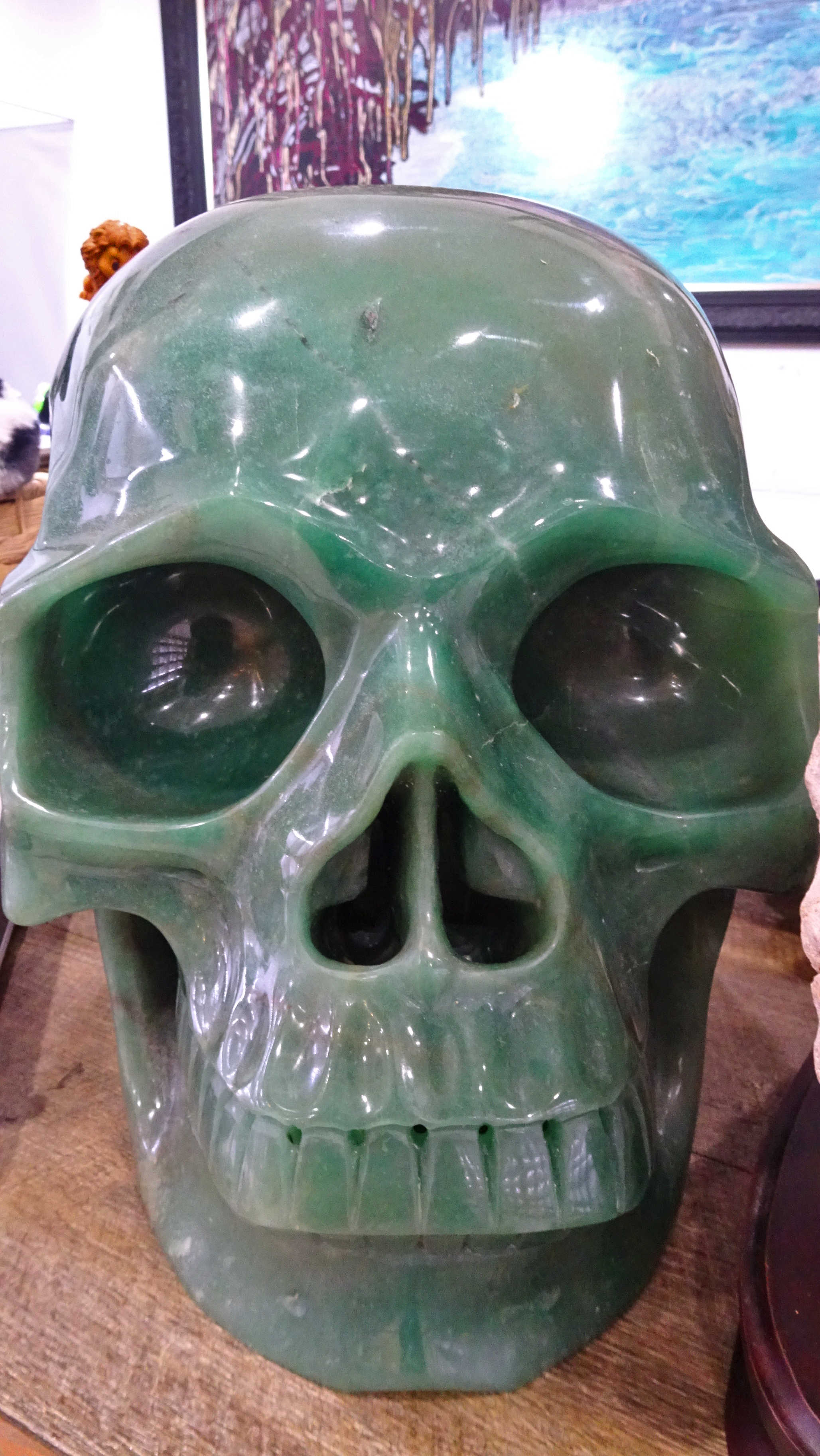 Large green aventurine carved crystal skull