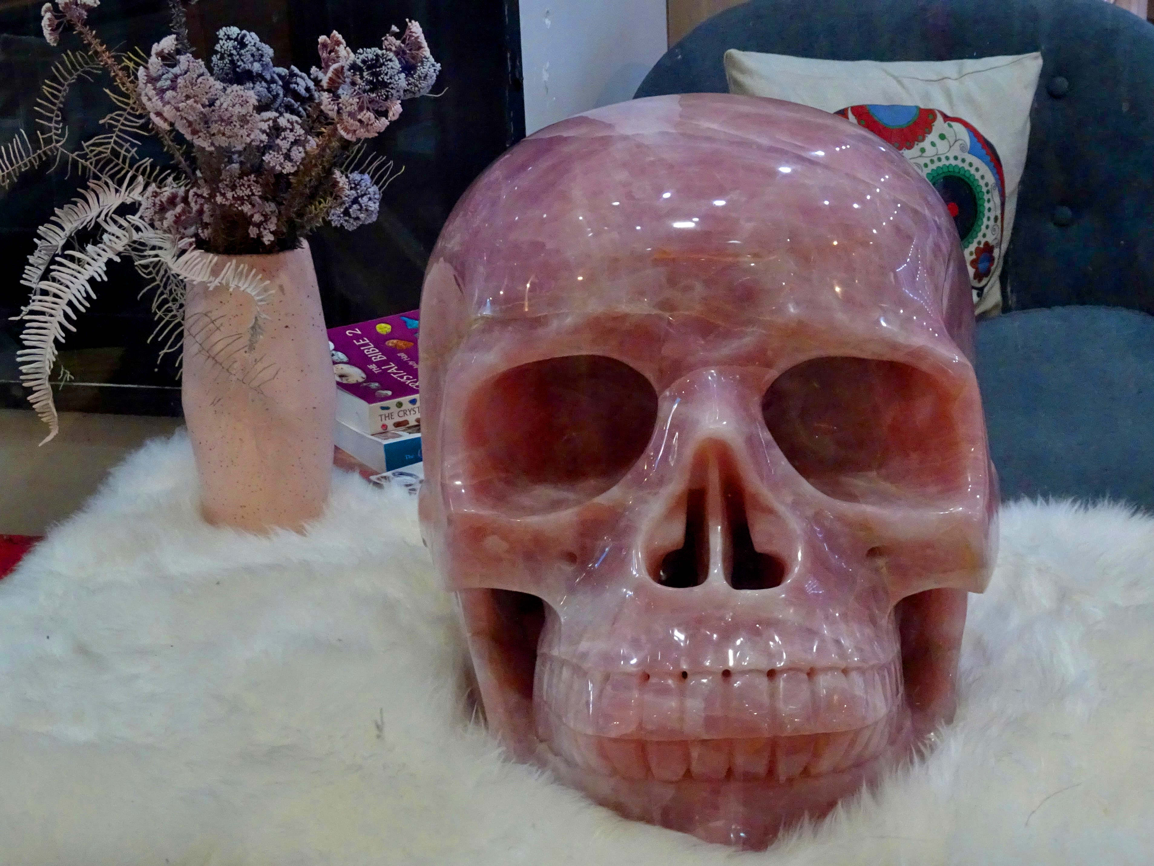 Enormous carved Madagascan rose quartz crystal skull