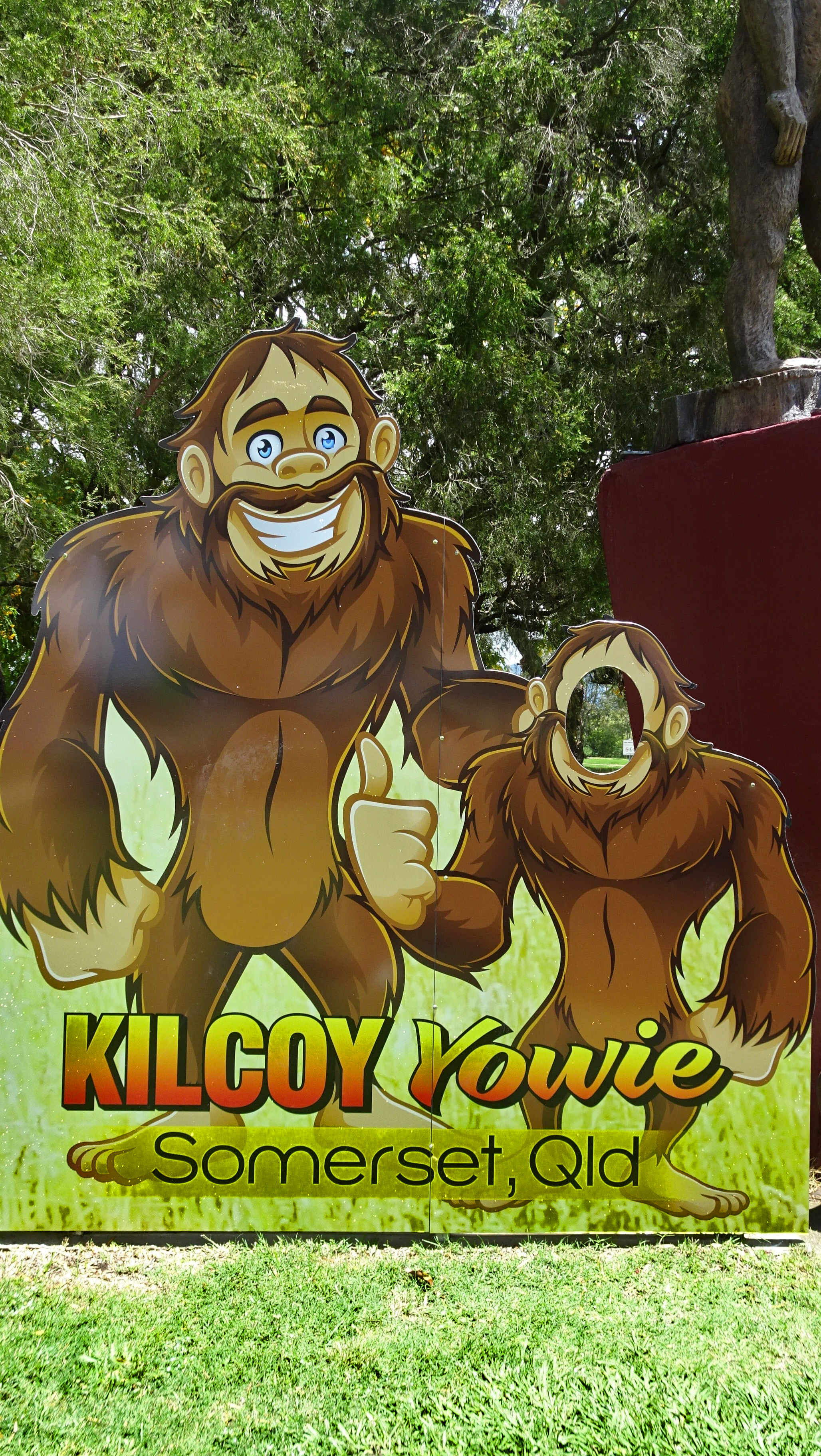 Cartoon-style yowie cutouts for photography at Kilcoy, Qld
