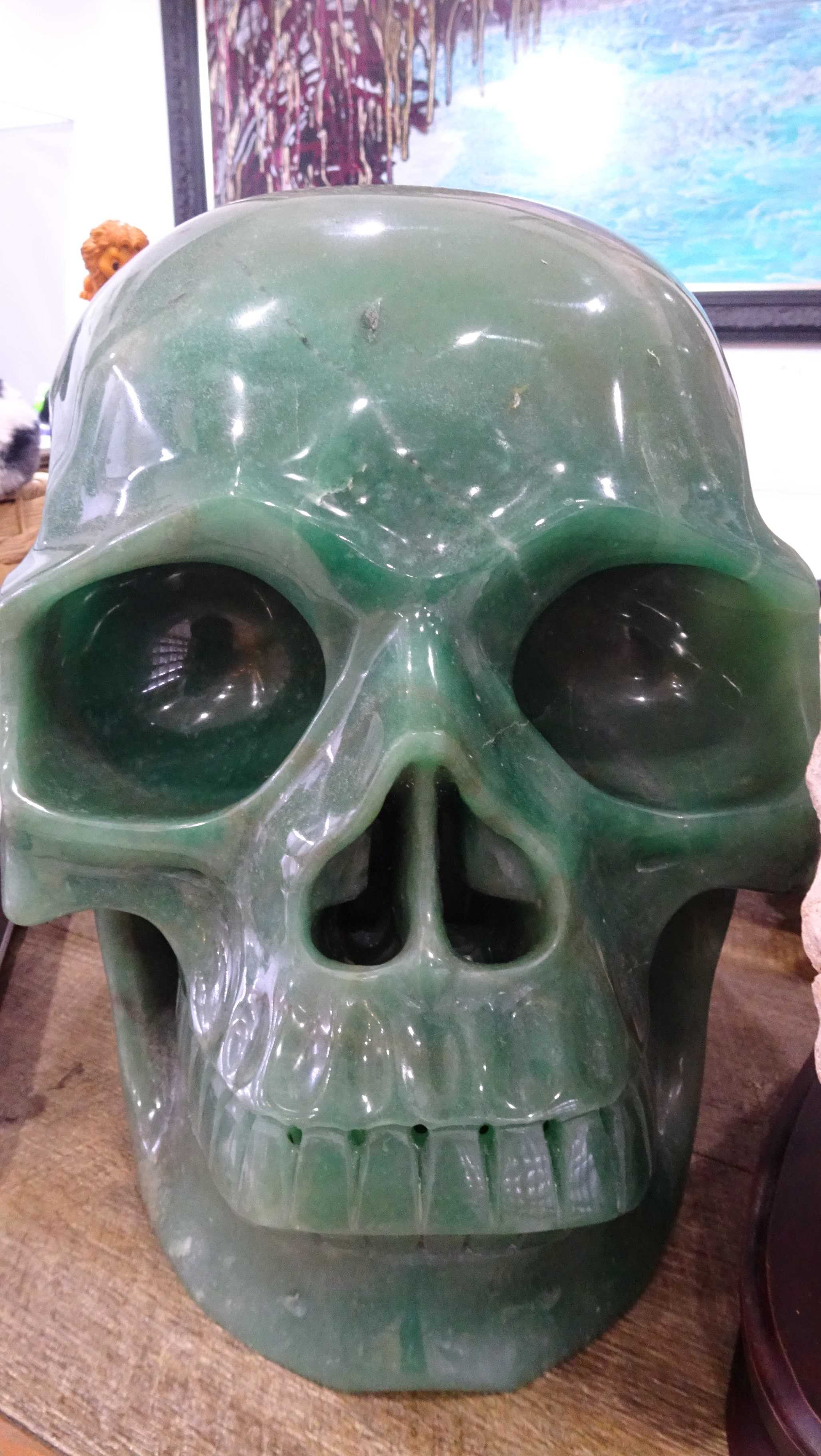 Large green aventurine carved crystal skull